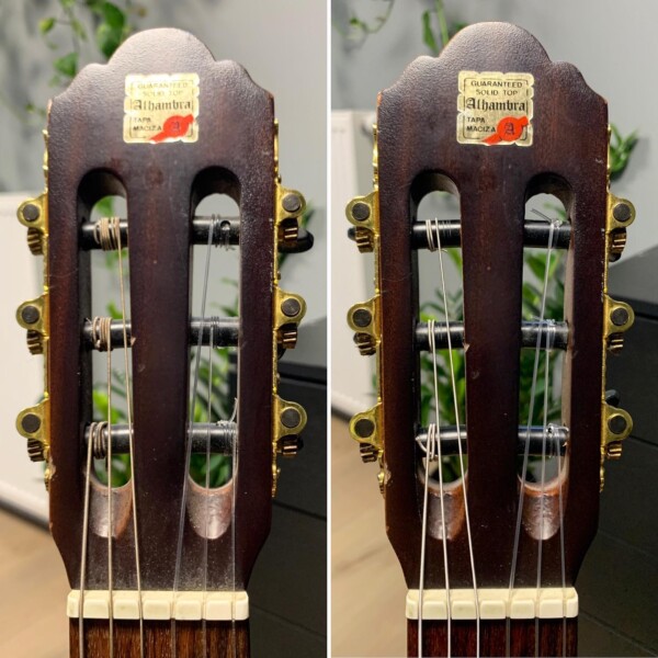 Deze gitaar was echt aan een onderhoudsbeurt toe. Verroeste/versleten snaren droge en vervuilde fretboard en doffe frets. Zie de voor (links) en na (rechts) foto's!✅ Body ontvet
✅ Fretboard gereinigd en geolied
✅ Frets gepoetst
✅ Nieuwe set medium tension snaren
.
.
.
alhambraguitars guitarmaintenance classicalguitar rockology  zevenaar